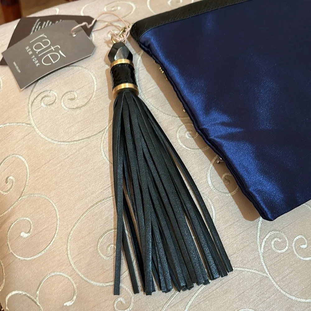 Rafe New York LG GELIA blue satin leather trimmed embellished studded clutch